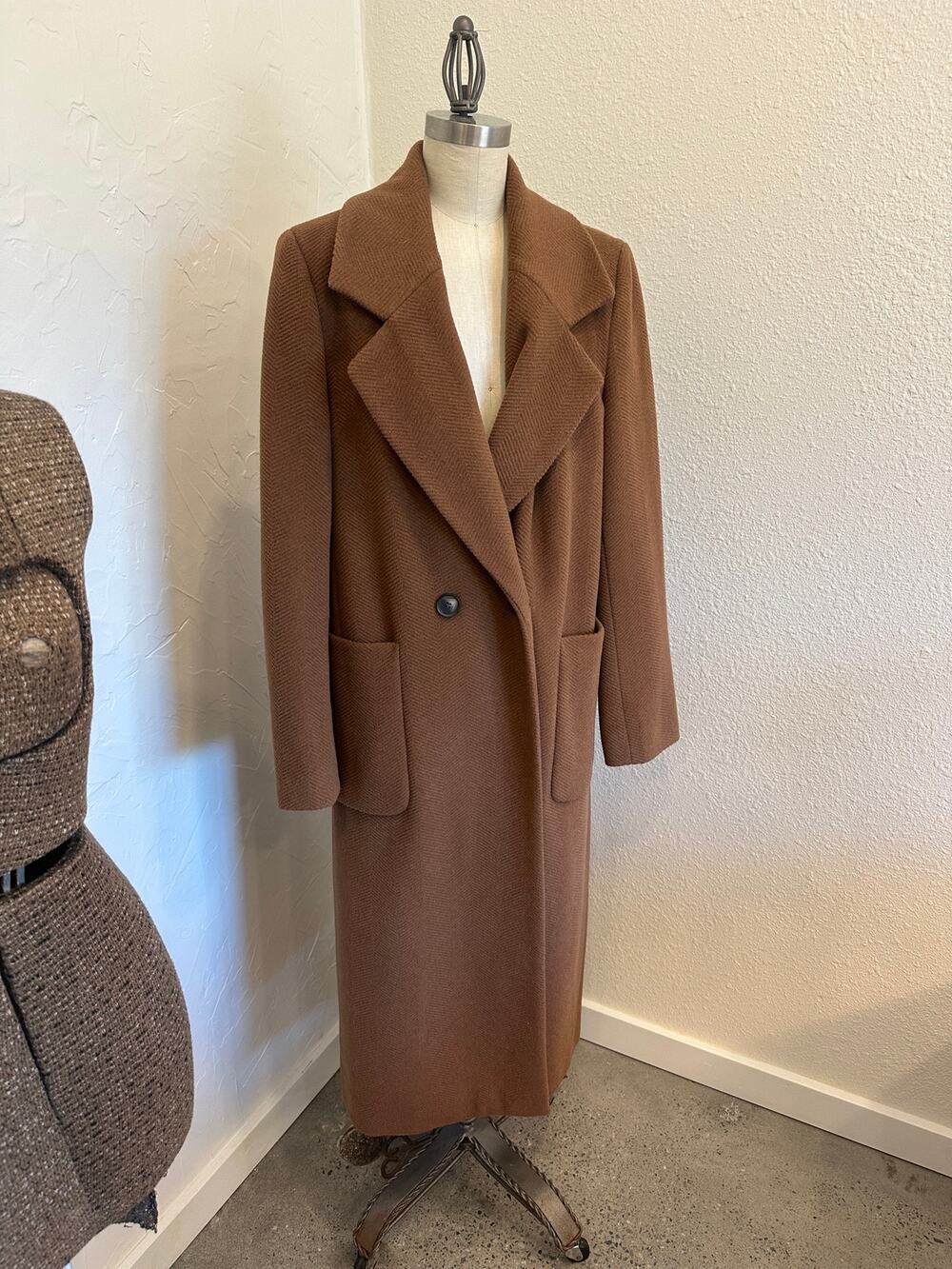 Donna Karan New York Women's 12 Trench Coat Warm Brown Wool Blend Maxi